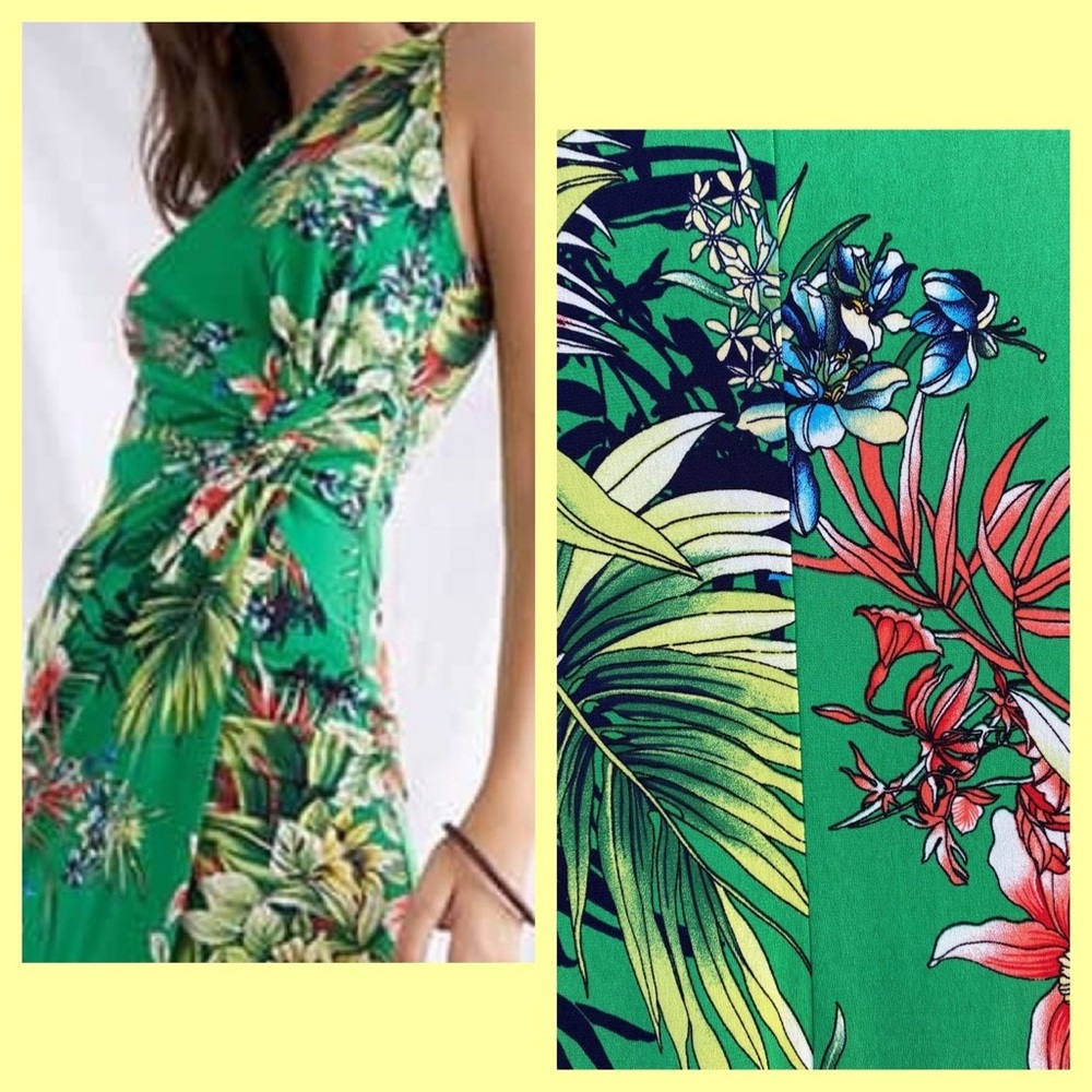 Tropical flower green sleeveless dress side slit size medium